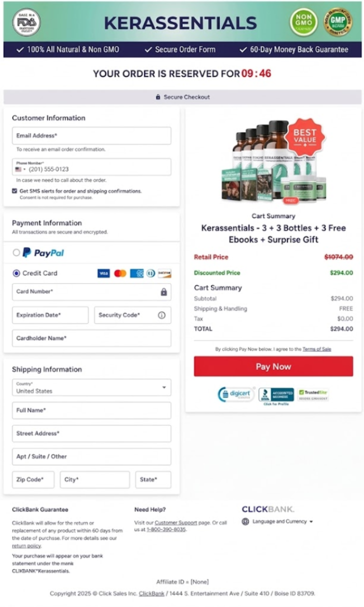 Kerassentials secure order checkout page with encrypted payment system and transaction protection